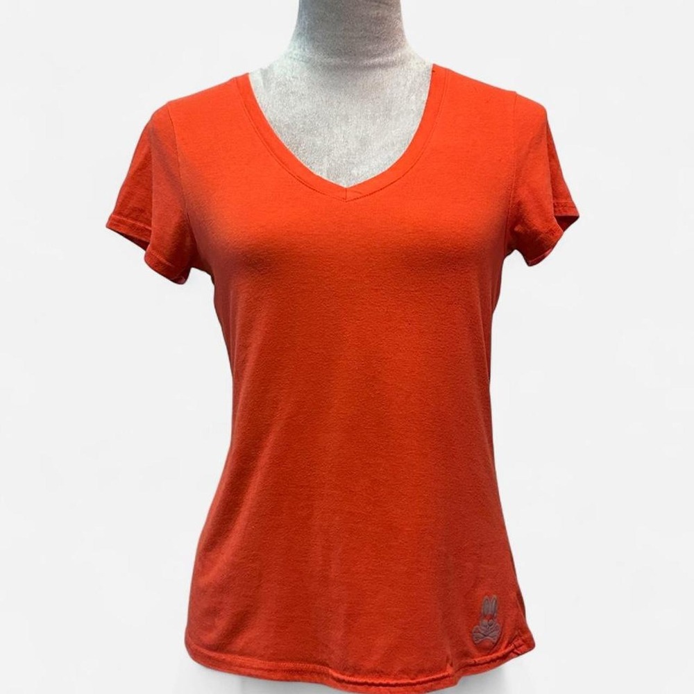 Psycho Bunny Bright Orange Cotton V-Neck Graphic T-Shirt Sleeve Logo Tag